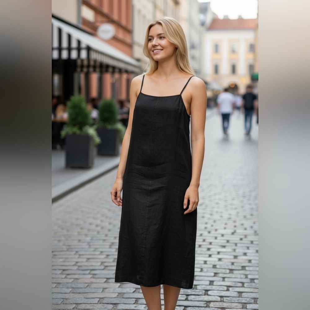 Sweet Jessie sz medium vintage black linen long pleated front dress